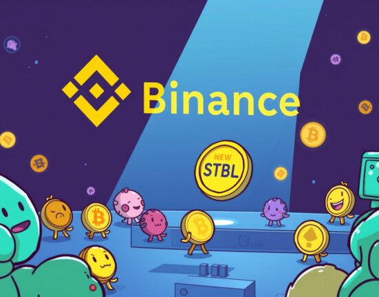 A cartoon illustration showing the exciting addition of Binance Alpha STBL to an on-chain trading platform, highlighting new crypto opportunities.