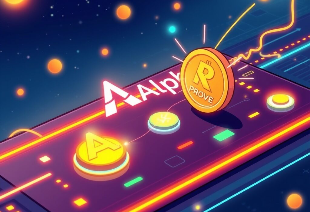 Cartoon illustration of a digital platform seamlessly integrating new crypto assets, symbolizing the exciting expansion of Binance Alpha with Succinct (PROVE).