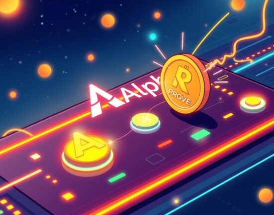Cartoon illustration of a digital platform seamlessly integrating new crypto assets, symbolizing the exciting expansion of Binance Alpha with Succinct (PROVE).