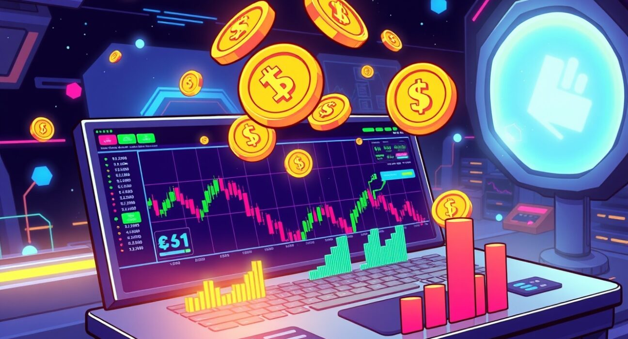 Binance Alpha trading platform showcasing digital coin listings in vibrant cartoon illustration