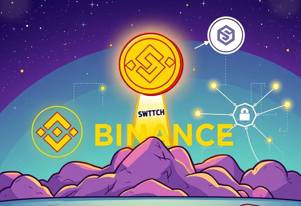 Cartoon illustration of a rocket-like SWTCH coin launching from a Binance Alpha platform, symbolizing the new Binance Alpha SWTCH listing and early crypto opportunities.