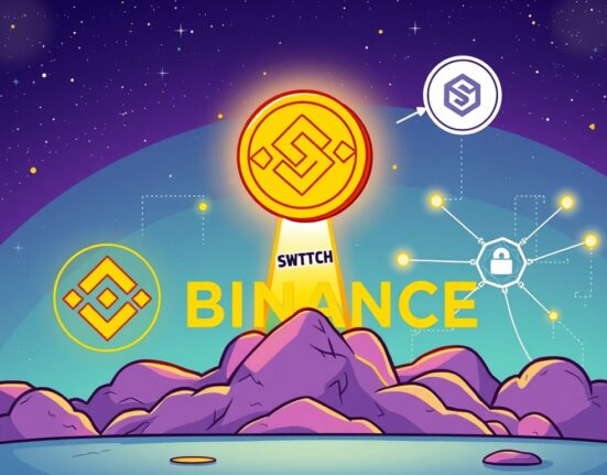 Cartoon illustration of a rocket-like SWTCH coin launching from a Binance Alpha platform, symbolizing the new Binance Alpha SWTCH listing and early crypto opportunities.