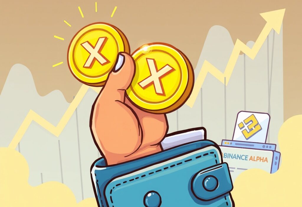 A vibrant cartoon illustration showing a hand presenting a glowing 'X' coin from a digital wallet, symbolizing the new Binance Alpha TaleX listing and exclusive airdrops.