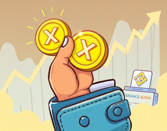 A vibrant cartoon illustration showing a hand presenting a glowing 'X' coin from a digital wallet, symbolizing the new Binance Alpha TaleX listing and exclusive airdrops.