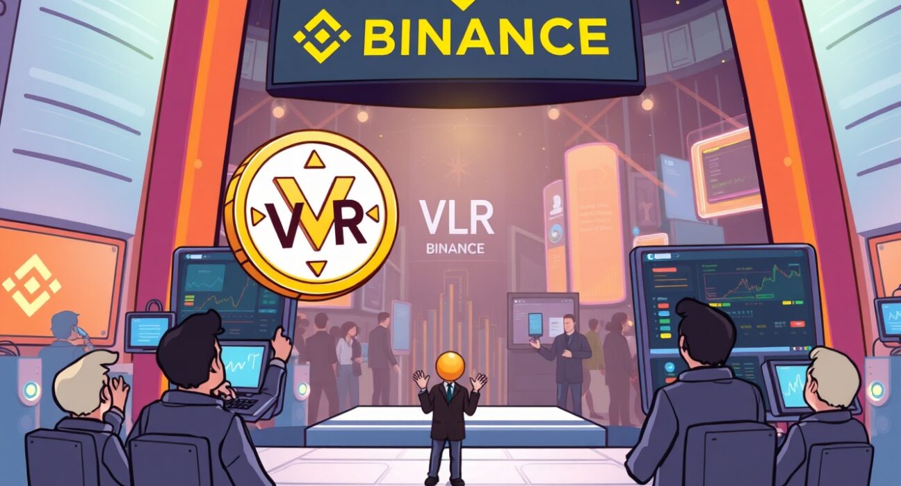 A cartoon illustration depicting the exciting Binance Alpha VLR listing on a futuristic trading platform.