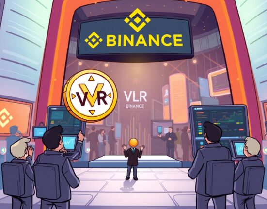 A cartoon illustration depicting the exciting Binance Alpha VLR listing on a futuristic trading platform.