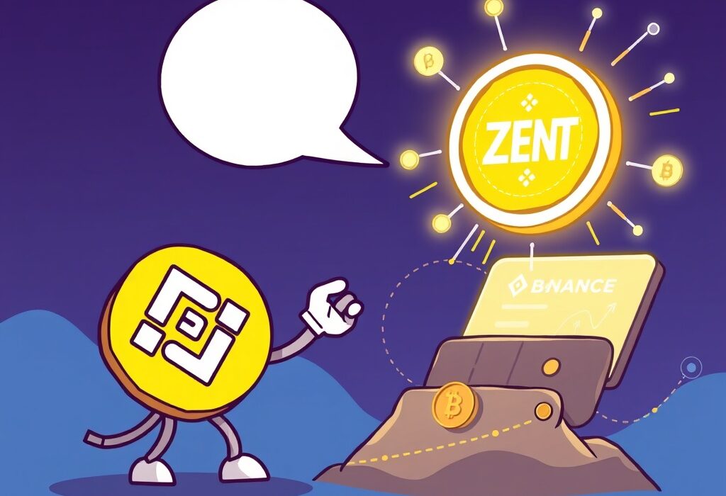 A cartoon illustration representing the exciting new Binance Alpha ZENT listing on an on-chain trading platform.