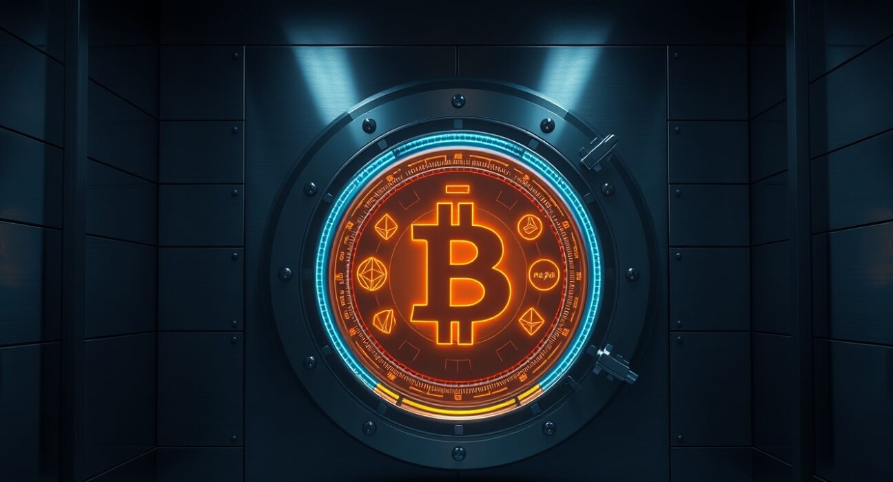 Secure bank vault with digital interface showing cryptocurrency symbols, representing institutional crypto custody.