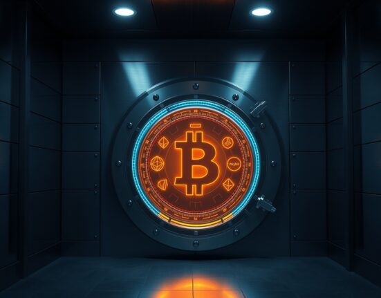 Secure bank vault with digital interface showing cryptocurrency symbols, representing institutional crypto custody.