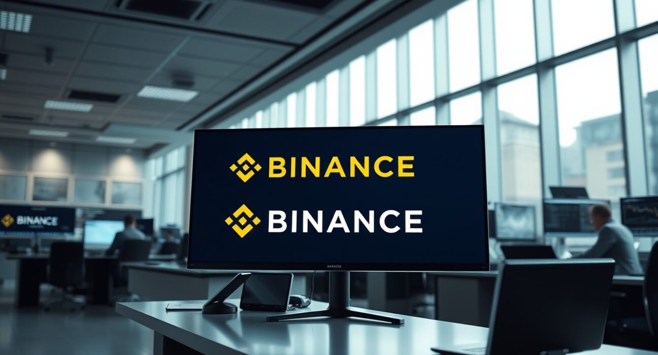 Institutional trading desk with digital screen showing Binance and Anchorage Digital integration