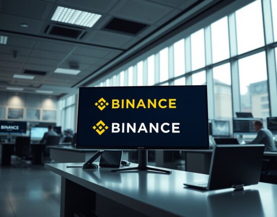 Institutional trading desk with digital screen showing Binance and Anchorage Digital integration