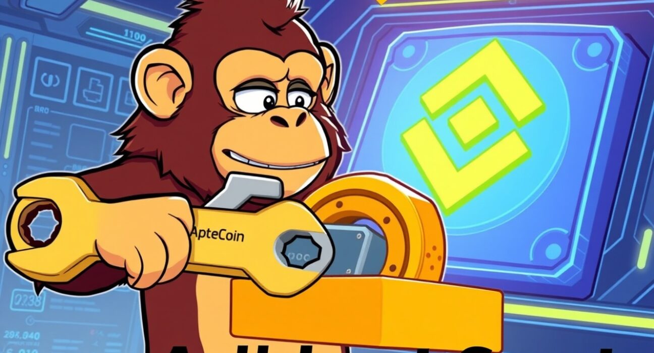 A cartoon ape character overseeing an ApeCoin contract swap, symbolizing Binance's temporary suspension for the essential upgrade.