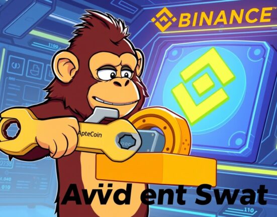 A cartoon ape character overseeing an ApeCoin contract swap, symbolizing Binance's temporary suspension for the essential upgrade.