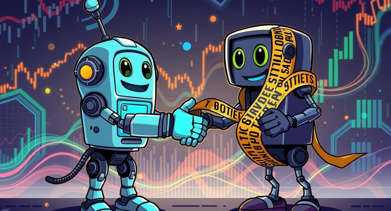 A vibrant cartoon illustrating the connection between Binance stock perpetual futures and automated trading.