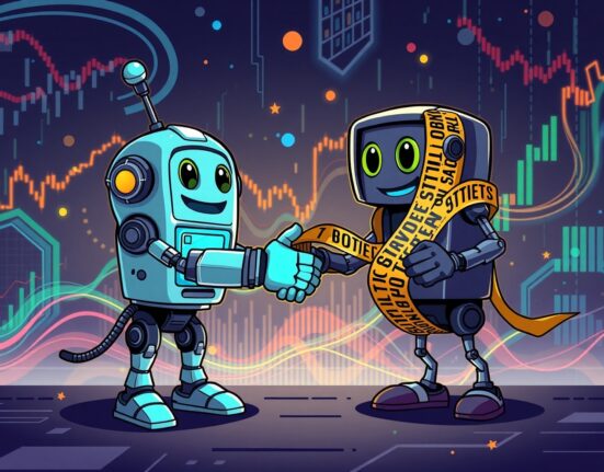 A vibrant cartoon illustrating the connection between Binance stock perpetual futures and automated trading.