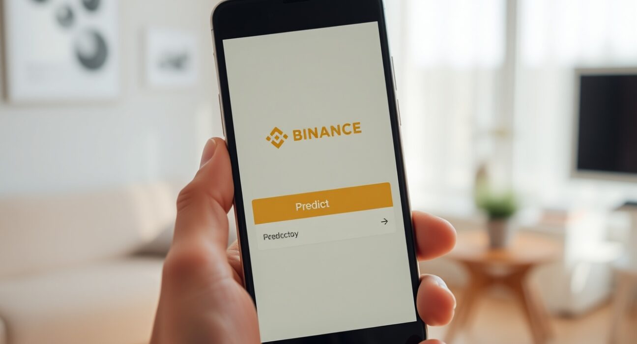 Smartphone showing Binance app with Predict tab for prediction market trading.