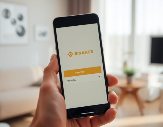 Smartphone showing Binance app with Predict tab for prediction market trading.