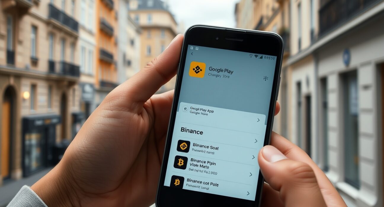 Smartphone showing Google Play Store with Binance app missing, European city background