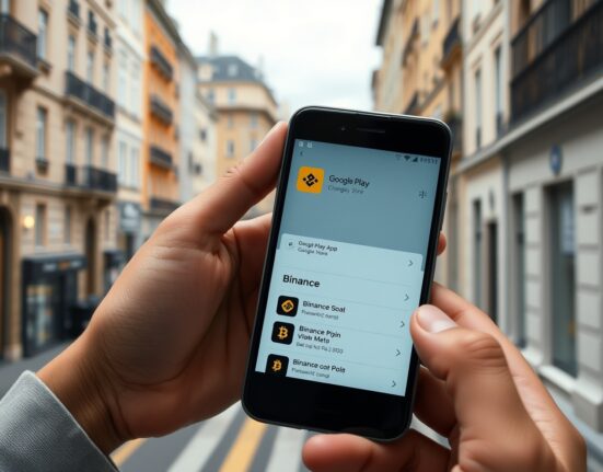 Smartphone showing Google Play Store with Binance app missing, European city background