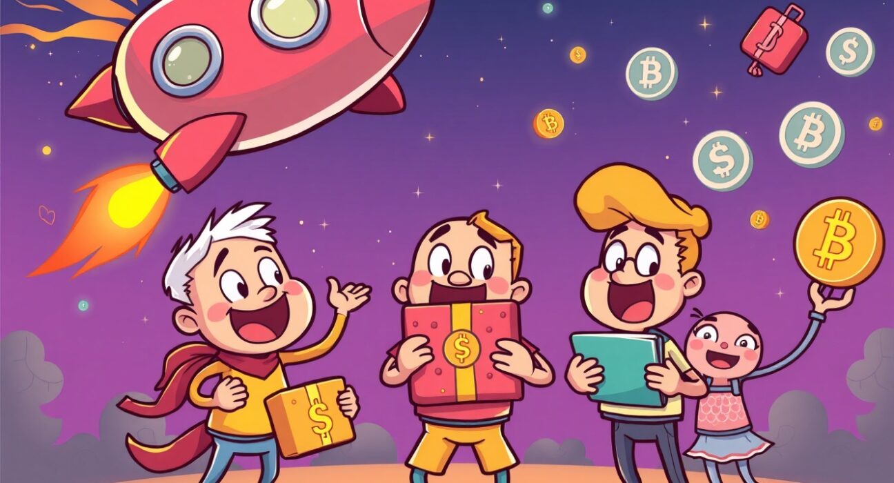 Binance Apro listing celebration with rocket delivering crypto rewards to enthusiastic holders