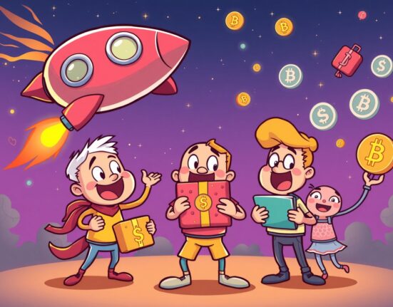 Binance Apro listing celebration with rocket delivering crypto rewards to enthusiastic holders