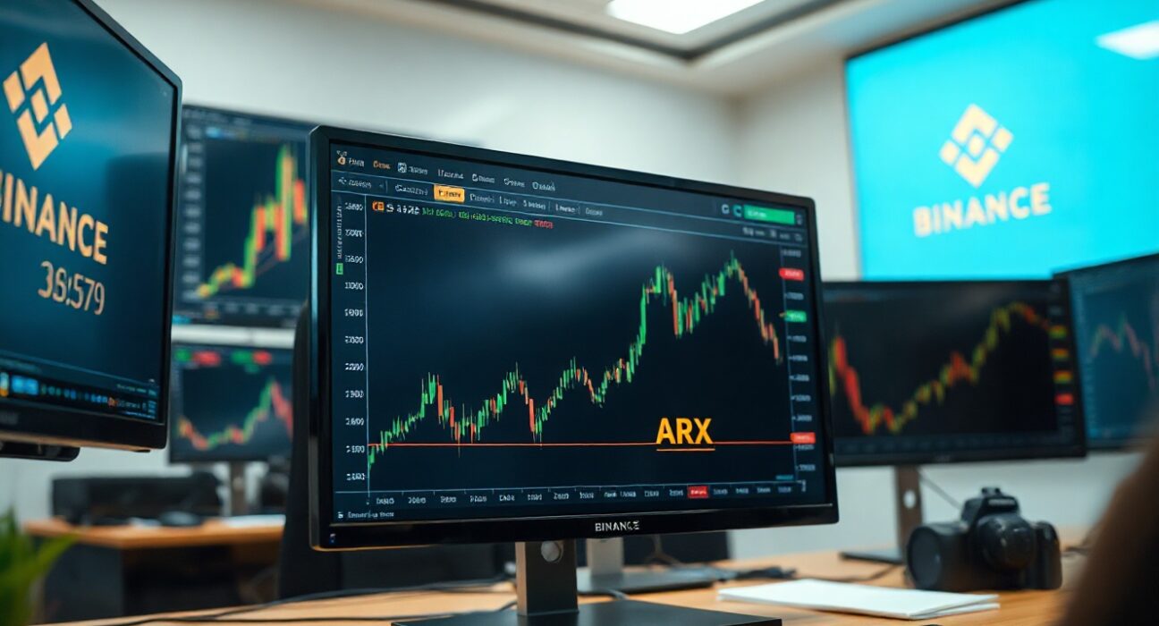 Trading monitor displaying ARX futures chart on a professional desk