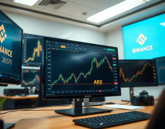 Trading monitor displaying ARX futures chart on a professional desk