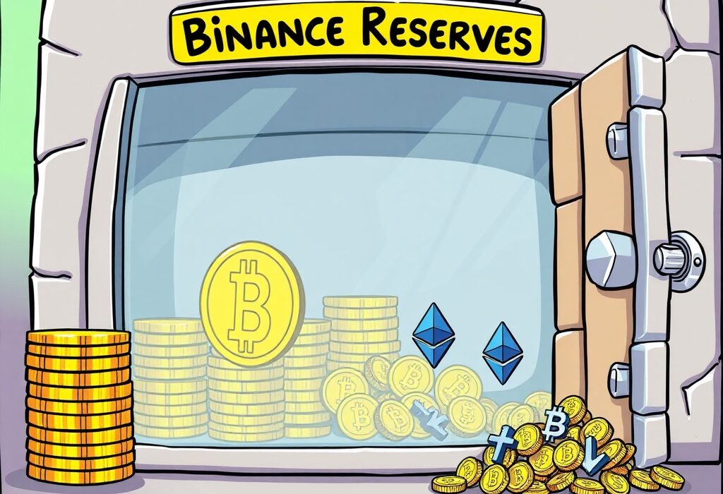 A cartoon illustration depicting Binance Proof of Reserves with increasing Bitcoin and USDT stacks and decreasing Ethereum, symbolizing changing crypto holdings.