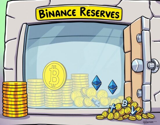 A cartoon illustration depicting Binance Proof of Reserves with increasing Bitcoin and USDT stacks and decreasing Ethereum, symbolizing changing crypto holdings.