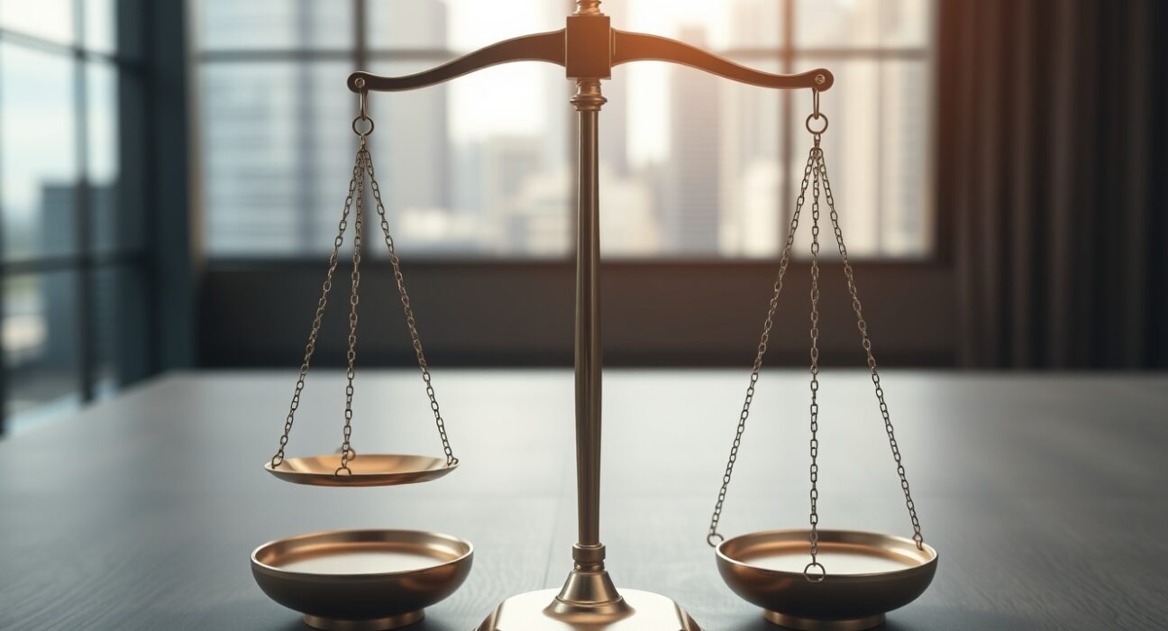 Symbolic courtroom scales representing the Binance Australia fine and ASIC regulatory action.