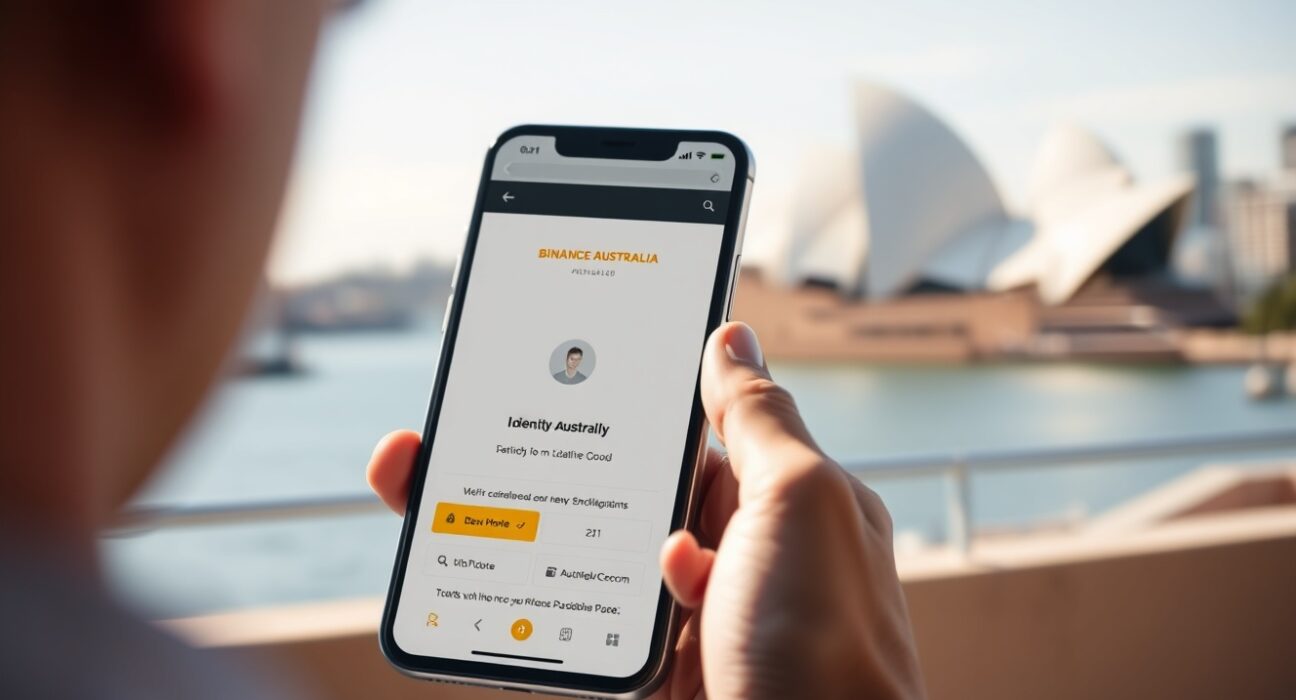 Smartphone displaying Binance Australia identity verification screen with Sydney Opera House in blurred background