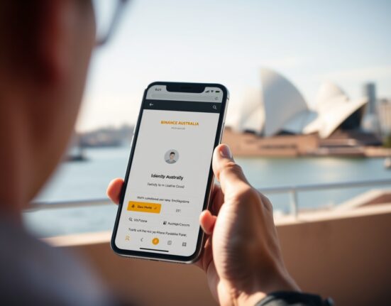 Smartphone displaying Binance Australia identity verification screen with Sydney Opera House in blurred background