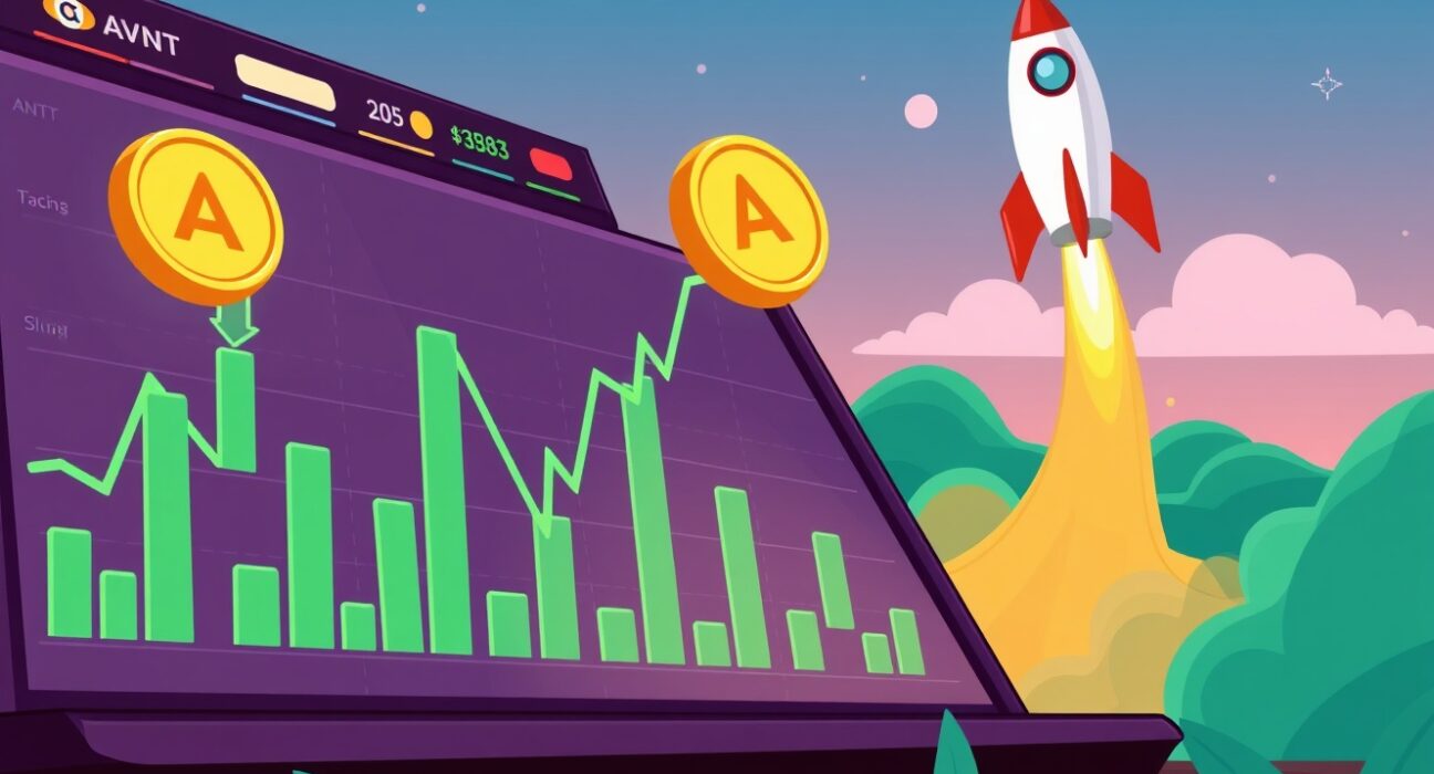 Cartoon illustration depicting digital charts and a rocket, symbolizing the growth potential of AVNT/USDT margin trading on Binance.