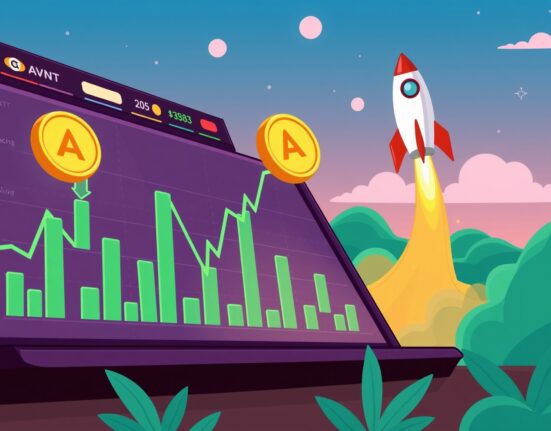 Cartoon illustration depicting digital charts and a rocket, symbolizing the growth potential of AVNT/USDT margin trading on Binance.