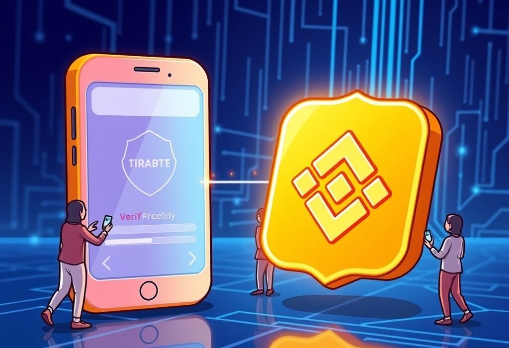 Cartoon showing a shield with "Binance BABT" protecting users connected to SIGN's Orange Dynasty app, symbolizing secure digital verification.