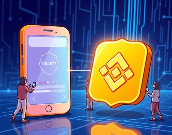 Cartoon showing a shield with "Binance BABT" protecting users connected to SIGN's Orange Dynasty app, symbolizing secure digital verification.