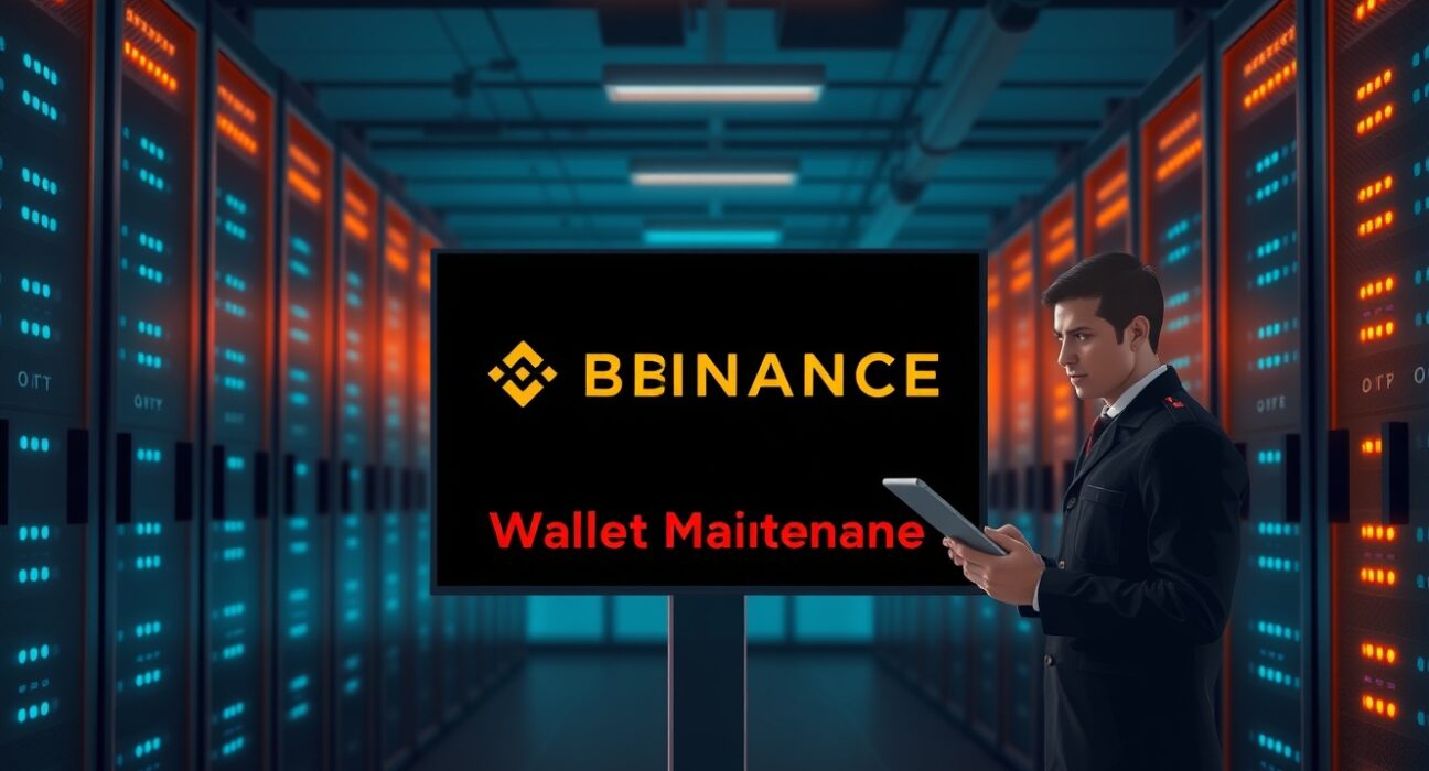 Binance BEP20 suspension for wallet maintenance on BNB Smart Chain, with a technician monitoring server screens in a data center