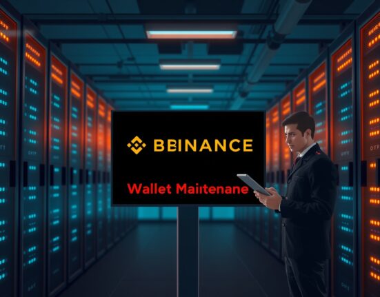 Binance BEP20 suspension for wallet maintenance on BNB Smart Chain, with a technician monitoring server screens in a data center