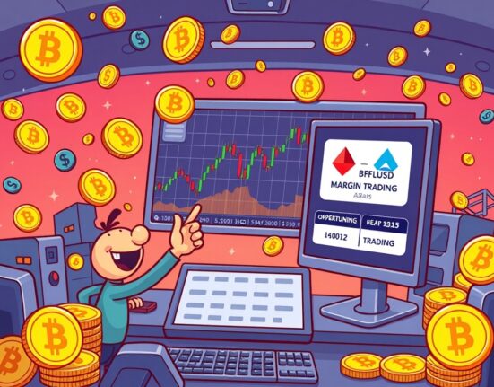 A vibrant cartoon illustration showing a trader exploring new Binance BFUSD Margin Trading opportunities on a crypto exchange platform.