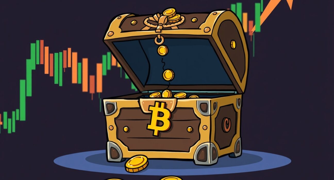 Cartoon illustration of low Binance Bitcoin inflows into a digital vault, symbolizing reduced selling pressure.