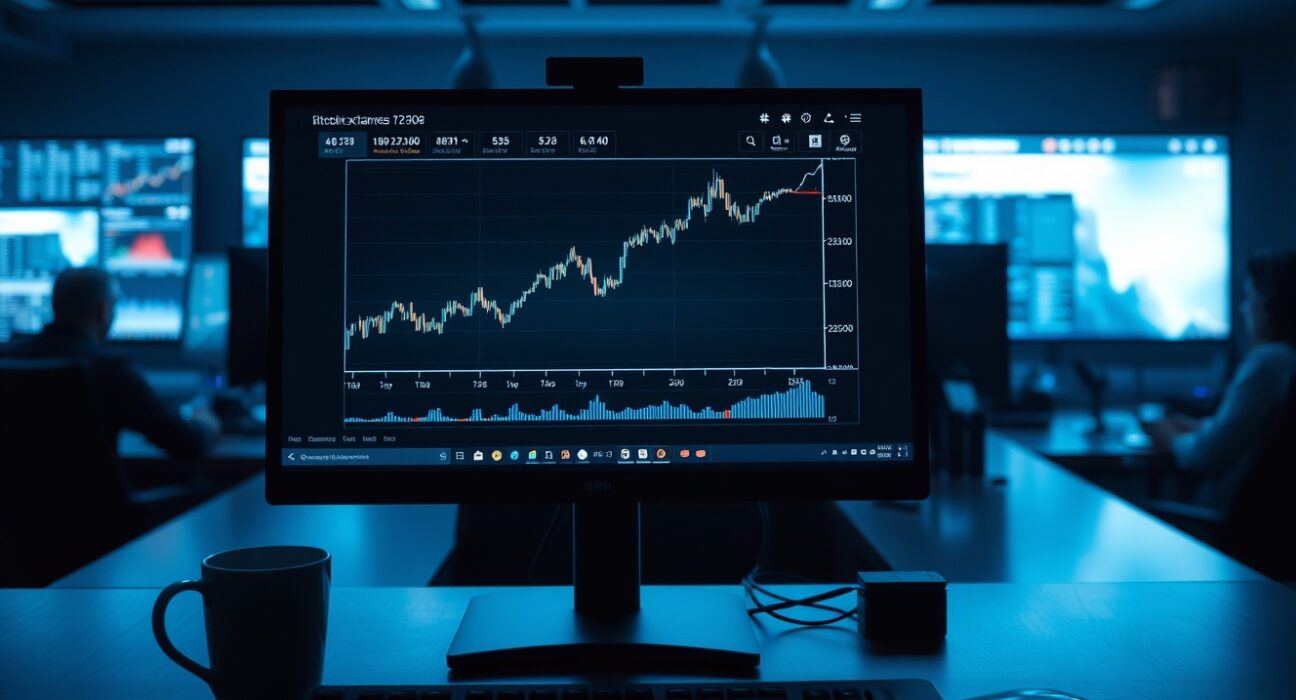 Bitcoin price chart on a monitor showing a withdrawal spike in a professional trading environment