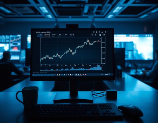 Bitcoin price chart on a monitor showing a withdrawal spike in a professional trading environment