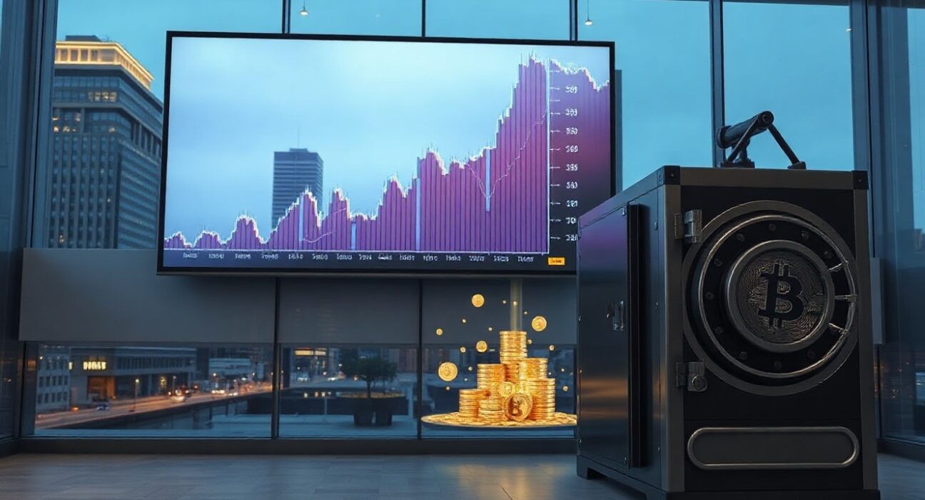 Binance exchange building with Bitcoin price charts on a large screen, indicating rising reserves