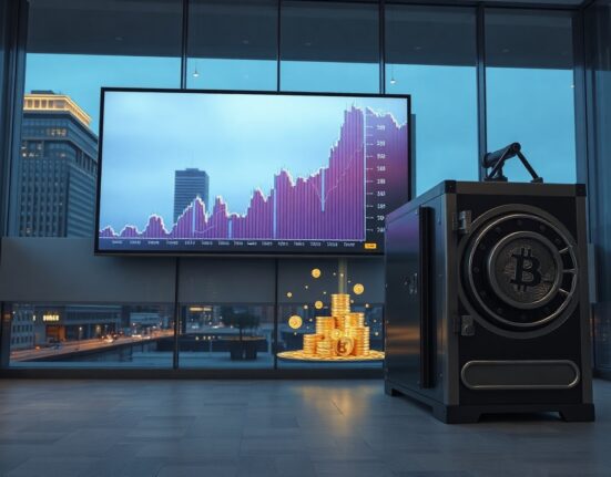 Binance exchange building with Bitcoin price charts on a large screen, indicating rising reserves
