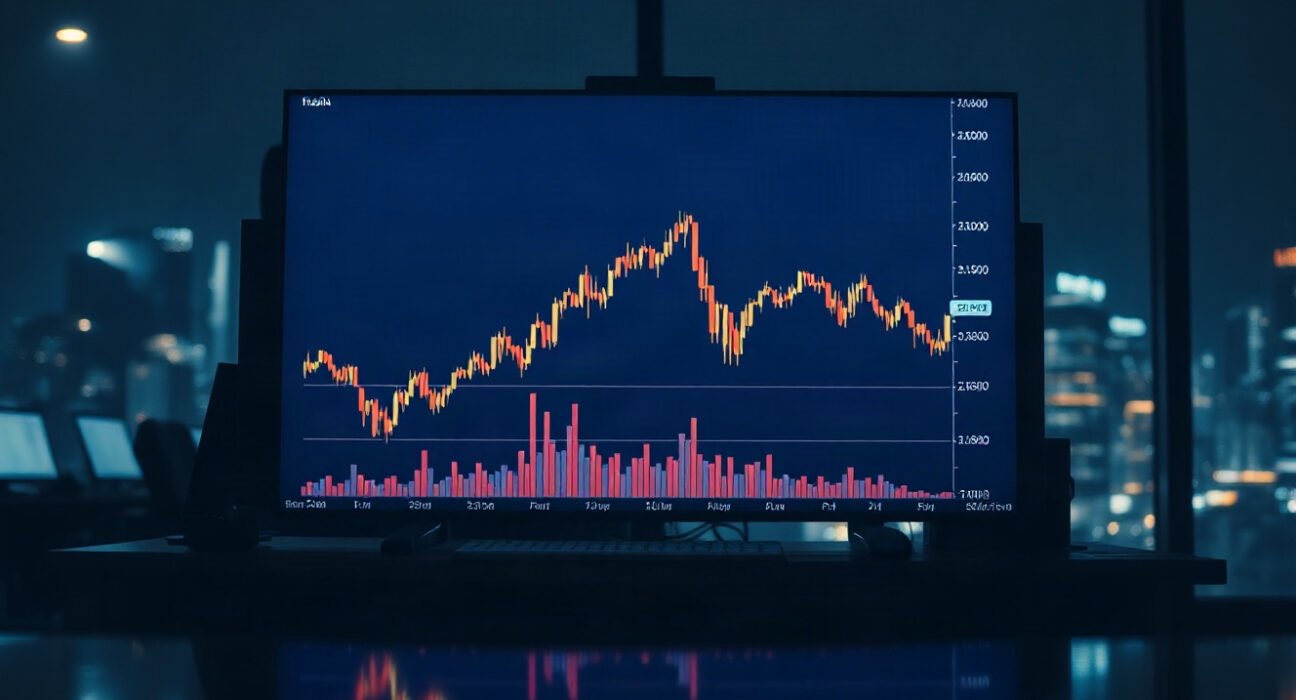 Bitcoin price chart on a trading screen with low volume histogram, indicating market inactivity