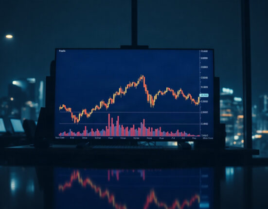 Bitcoin price chart on a trading screen with low volume histogram, indicating market inactivity