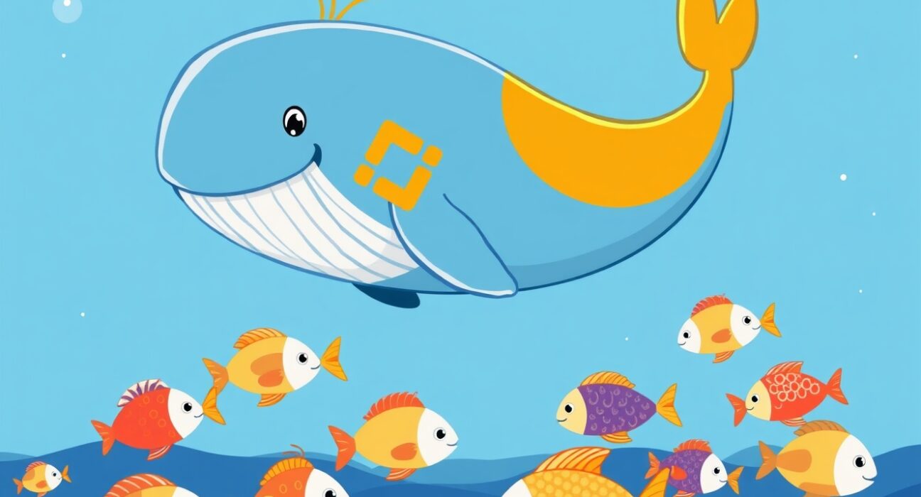 A giant whale symbolizing Binance's dominant share of global Bitcoin trading volume among smaller exchanges.