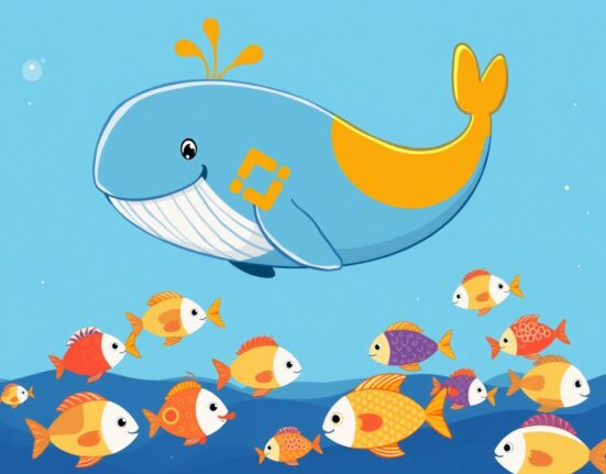 A giant whale symbolizing Binance's dominant share of global Bitcoin trading volume among smaller exchanges.