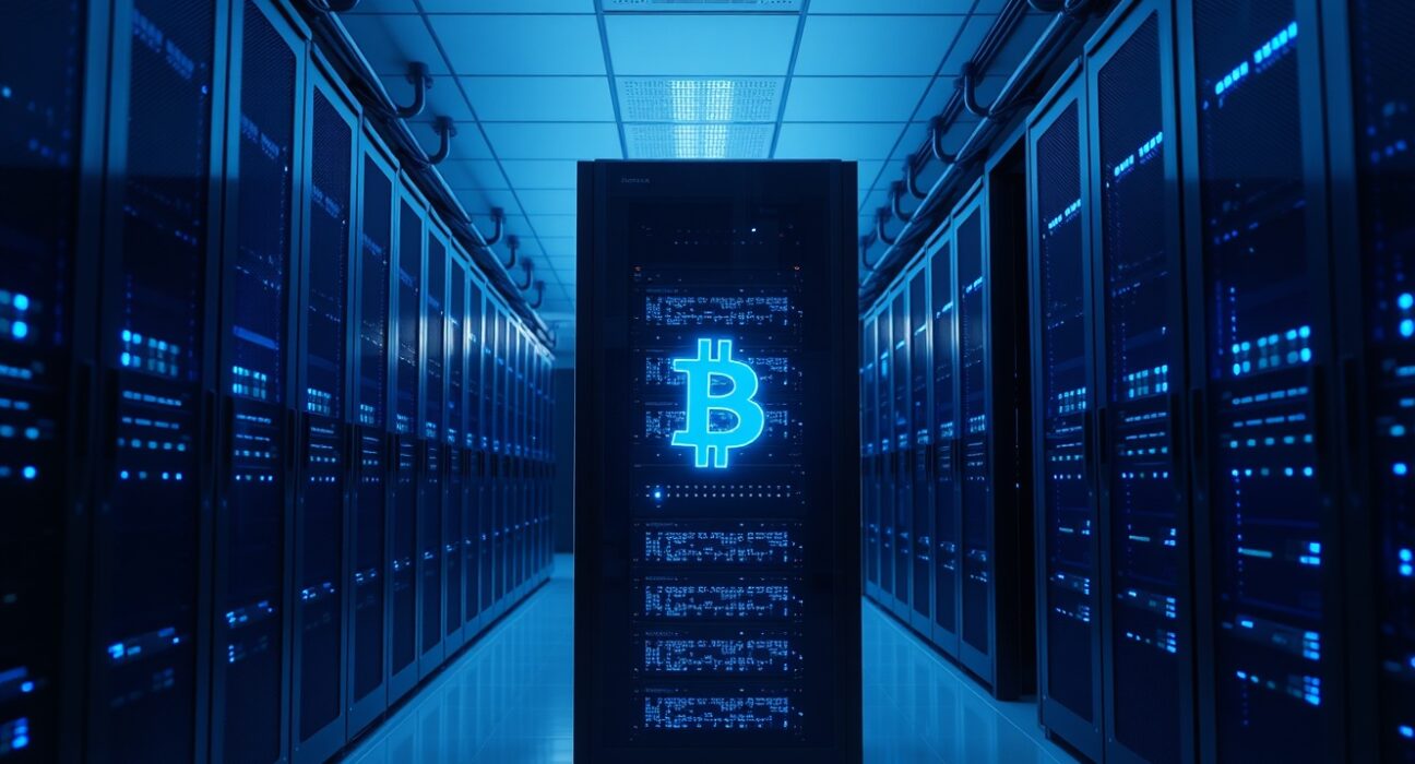Cryptocurrency exchange server room with blue LED lighting representing Binance Bitcoin wallet maintenance.