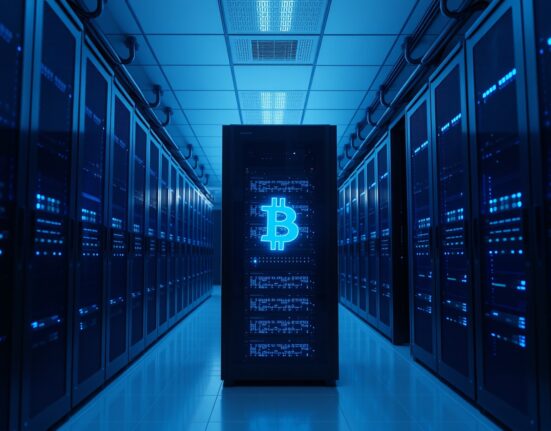 Cryptocurrency exchange server room with blue LED lighting representing Binance Bitcoin wallet maintenance.